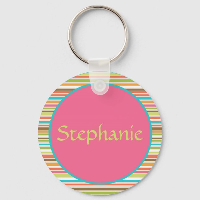 Pink Stripes Customizable Name Button Keychain (Front)