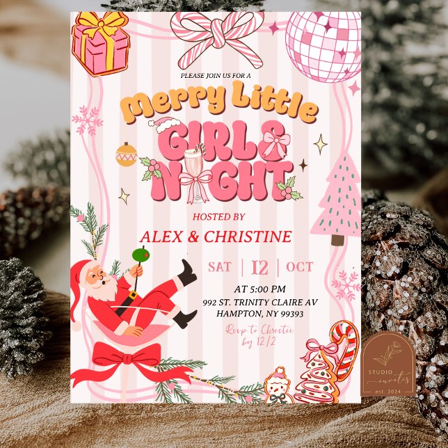 Pink Stripes Cute Retro Christmas Girls Night Out Invitation (Creator Uploaded)