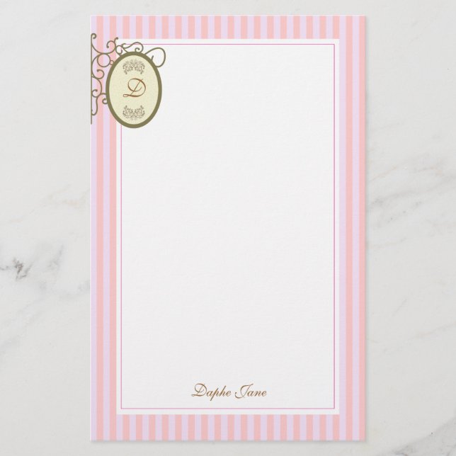 Pink Stripes Dainty - Monogram Stationary Stationery (Front)