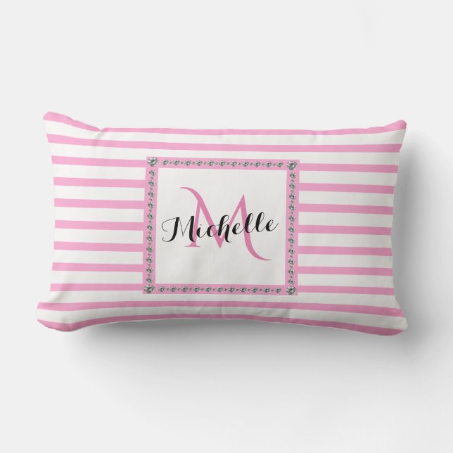 Pink Stripes Diamond Monogram | Baby Lumbar Pillow (Front)