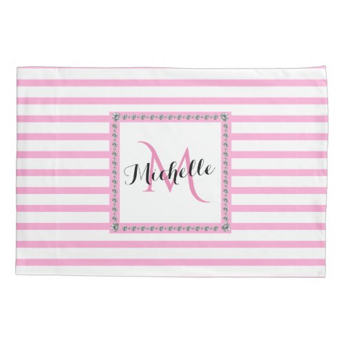 Pink Stripes Diamond Monogram  Modern Trendy Pillow Case