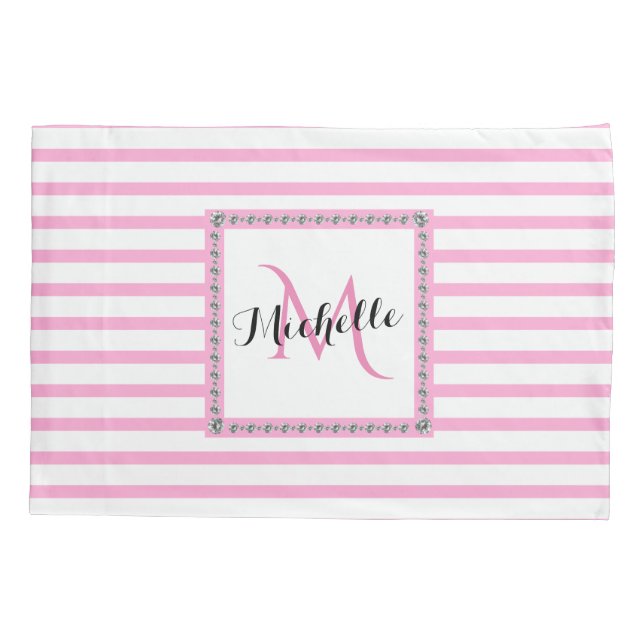 Pink Stripes Diamond Monogram | Modern Trendy Pillow Case (Back)