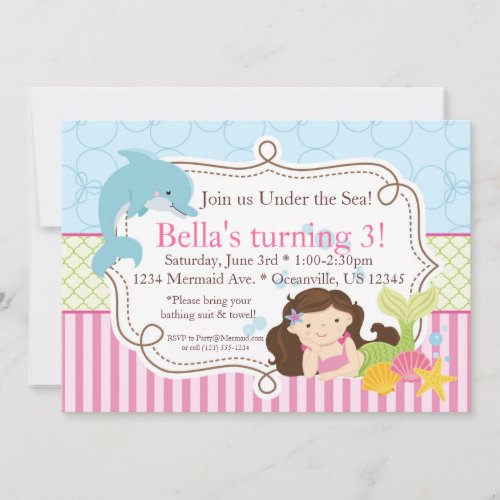 Pink Stripes, Dolphin and Mermaid Birthday Party Invite