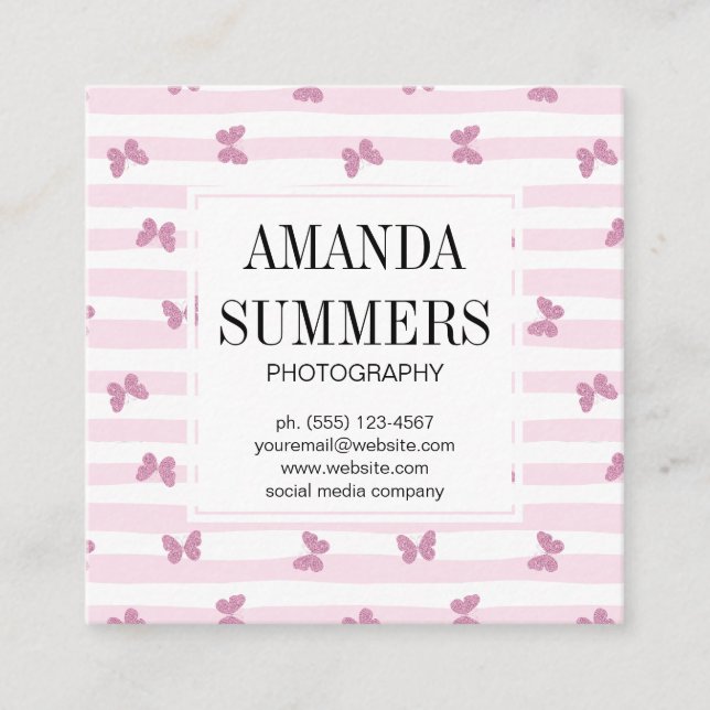 Pink Stripes | Elegant Glitter Butterflies Square Business Card (Front)