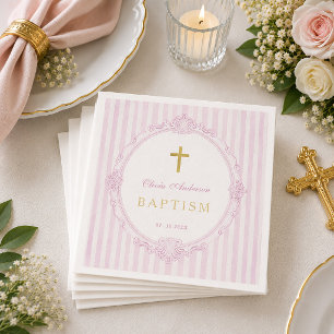 Pink Stripes Elegant Vintage Girl Baptism Napkins