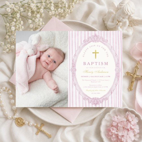 Pink Stripes Elegant Vintage Girl Baptism Photo Invitation
