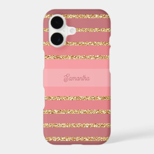 Pink Stripes Faux Gold Glitter Your Name iPhone 17 Case