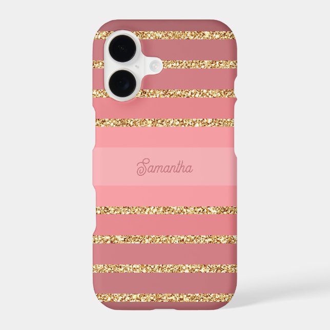 Pink Stripes Faux Gold Glitter Your Name iPhone Case (Back)