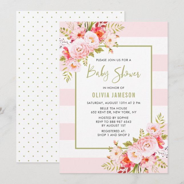 Pink Stripes Floral Baby Shower Invitation (Front/Back)