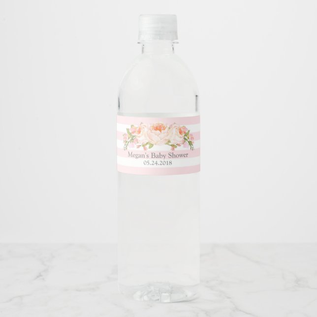 Pink Stripes Floral Baby Shower Label (Front)
