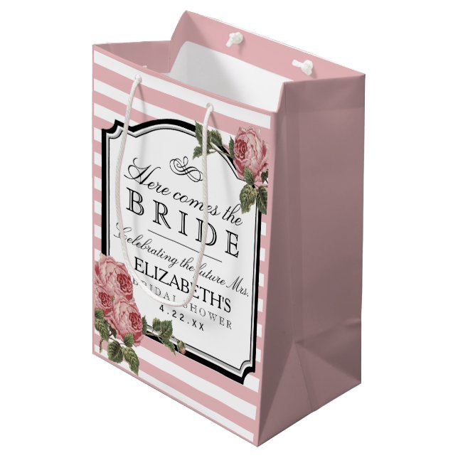 Pink Stripes Floral Bridal Shower Customize Color Medium Gift Bag (Front Angled)