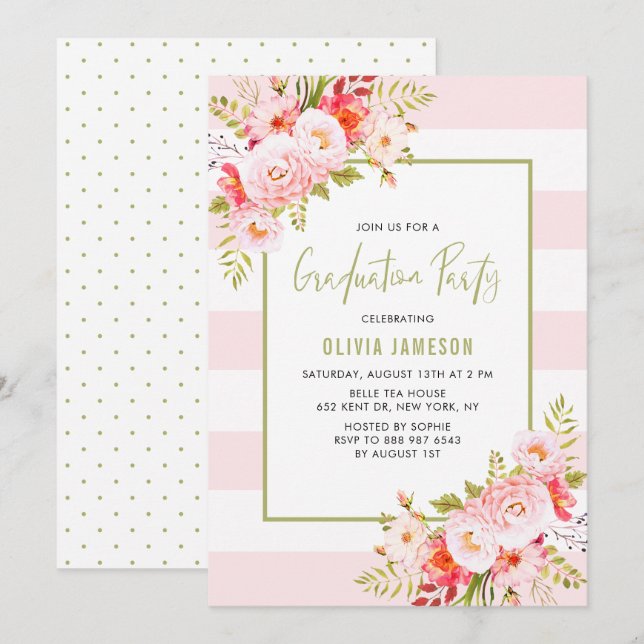Pink Stripes Floral Graduation Party Invitation (Front/Back)