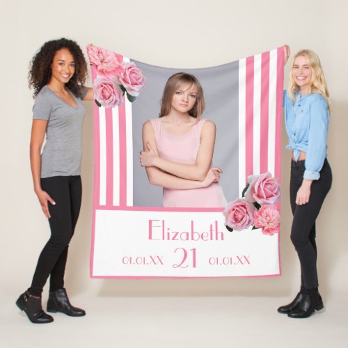 Pink stripes floral photo name 21st birthday fleece blanket