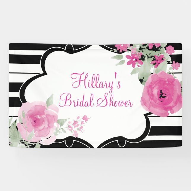Pink, Stripes, Flowers, Bridal Shower Banner (Horizontal)