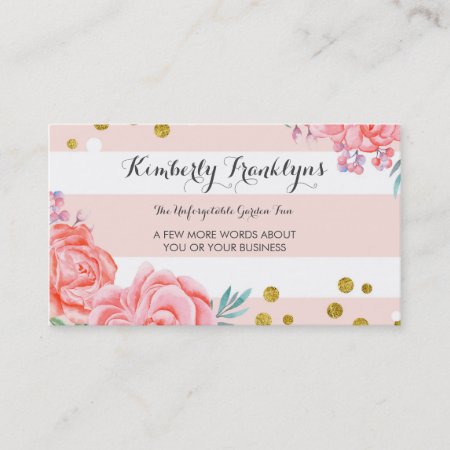 Pink Stripes Flowers Gold Confetti Watercolor Business Card