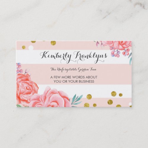 Pink stripes flowers gold confetti watercolor business card