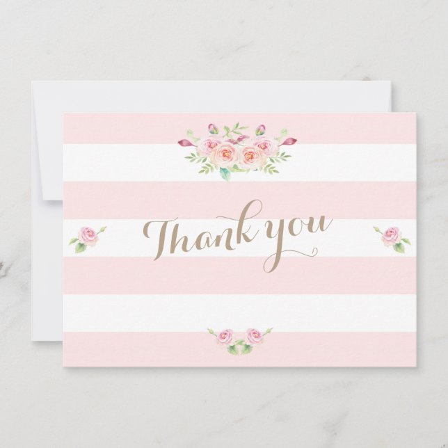 Pink Stripes Flowers Wedding Thank You Card (Front)