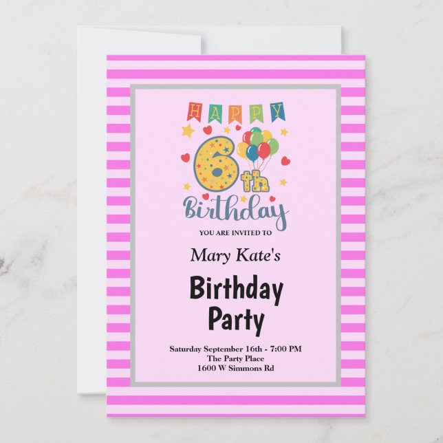Pink Stripes Framed 6th Birthday Party Invitation (Front)