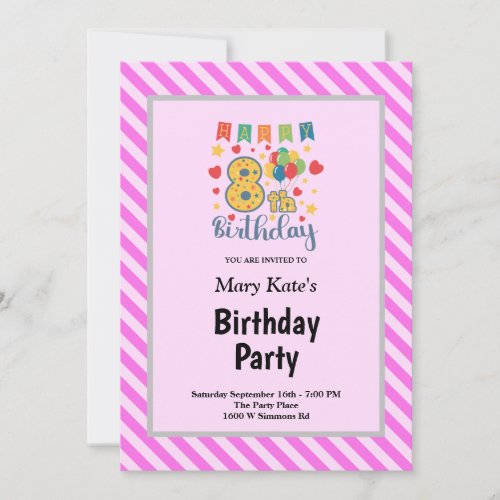 Pink Stripes Framed 8th Birthday Party Invitation