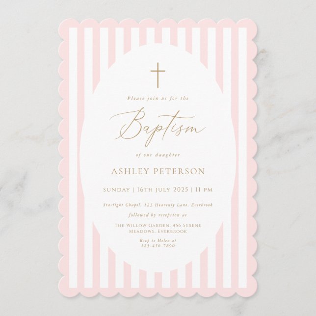 Pink Stripes Girl Baptism Invitation (Front)