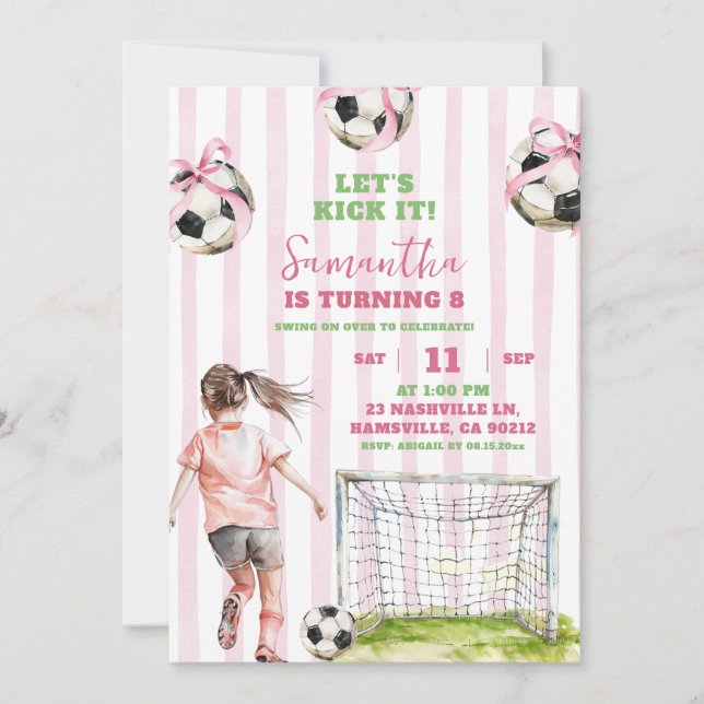 Pink Stripes Girl Soccer Let's Kick It Birthday Invitation (Front)