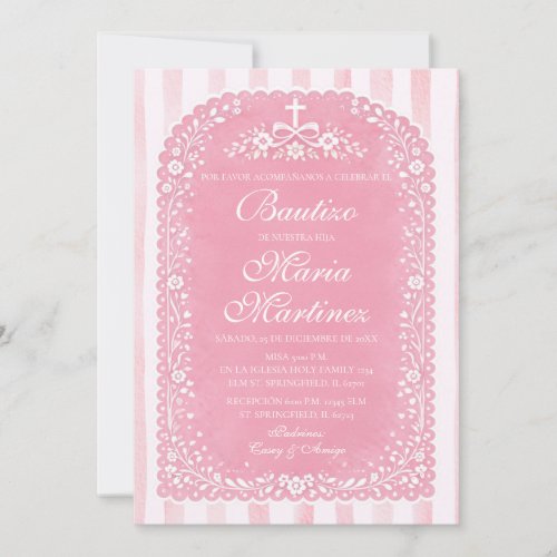 Pink Stripes Girl Spanish Bautizo Papel Picado Invitation