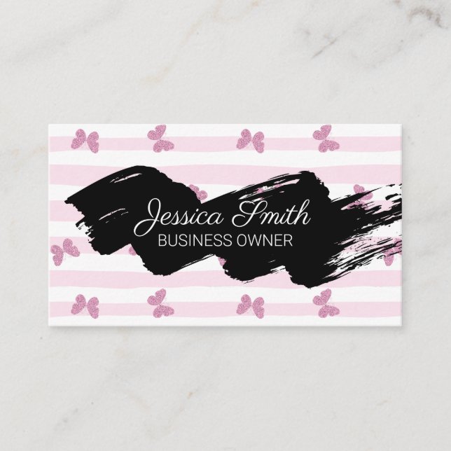 Pink Stripes | Glitter Butterflies Business Card (Front)