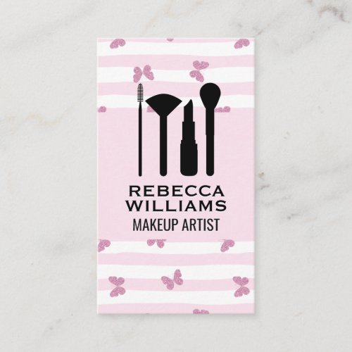 Pink Stripes  Glitter Butterflies  Makeup Set Business Card