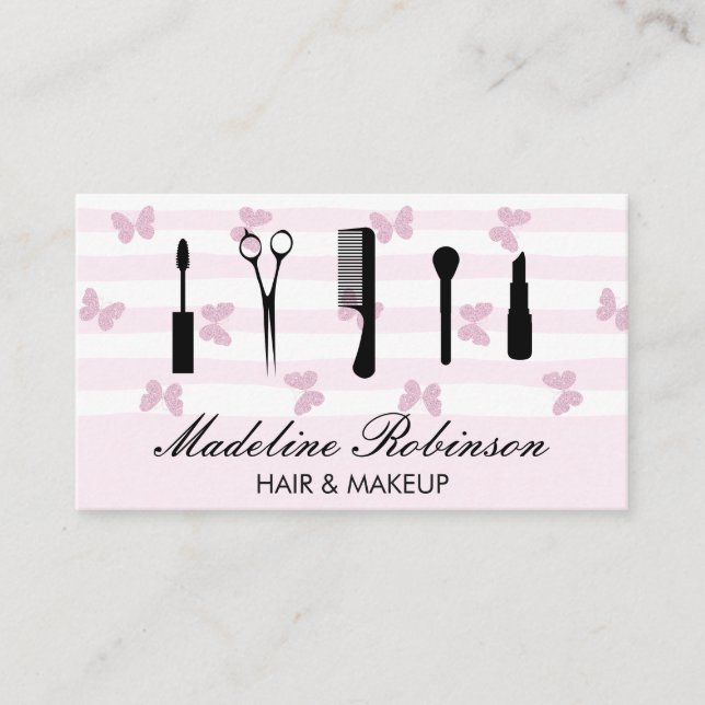 Pink Stripes | Glitter Butterflies | Makeup Tools Business Card (Front)