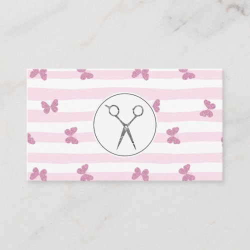 Pink Stripes  Glitter Butterflies  Salon Scissor Business Card