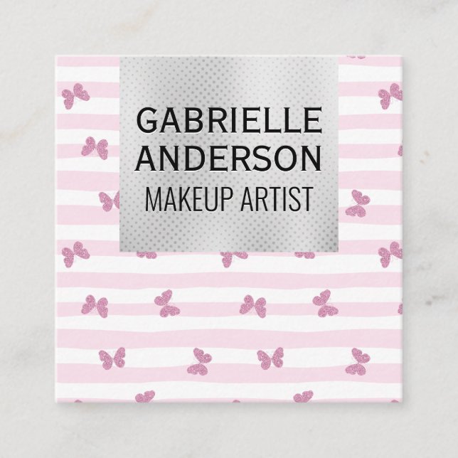 Pink Stripes | Glitter Butterflies Square Business Card (Front)