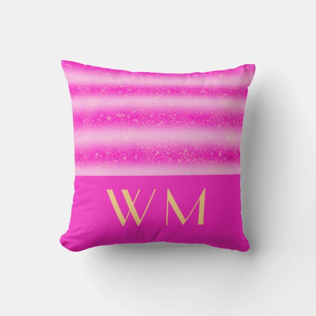 Pink Stripes Glitter Effect Monogram Throw Pillow (Front)