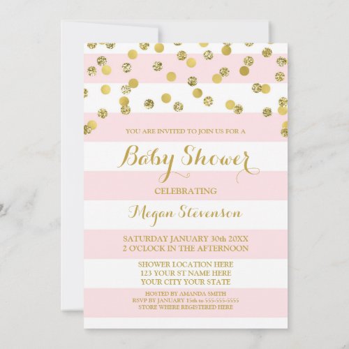 Pink Stripes Gold Confetti Baby Shower Invitation