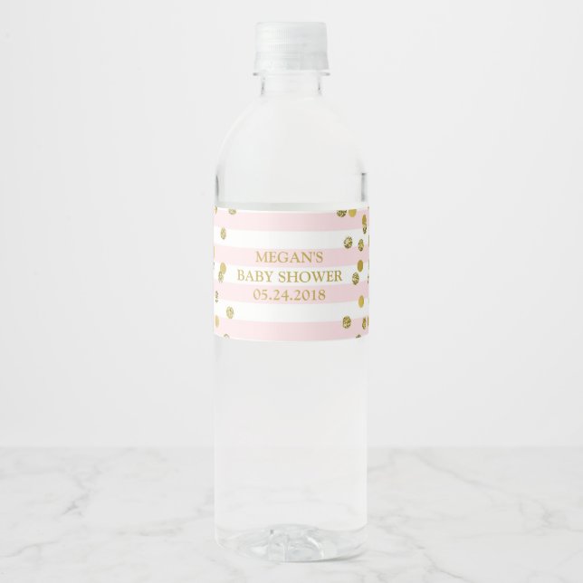 Pink Stripes Gold Confetti Baby Shower Label (Front)