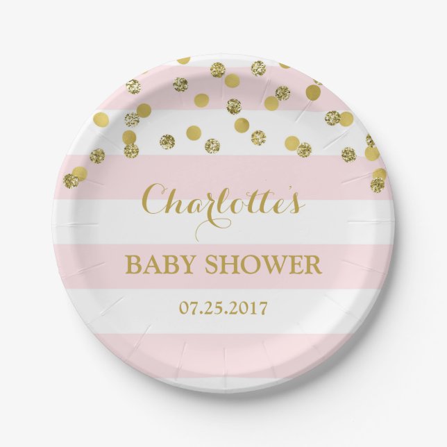 Pink Stripes Gold Confetti Baby Shower Plate (Front)