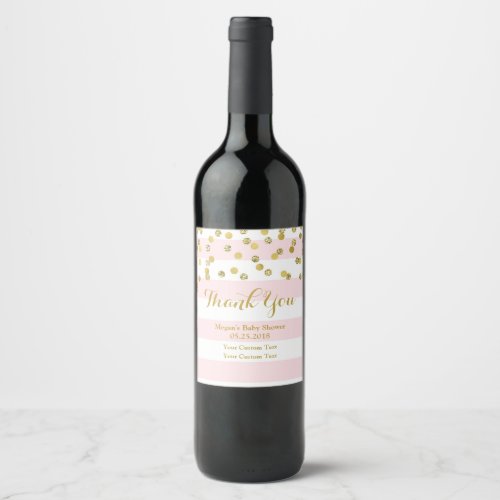 Pink Stripes Gold Confetti Baby Shower Wine Label