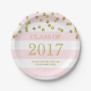 Pink Stripes Gold Confetti Graduation 2017 Paper Plates