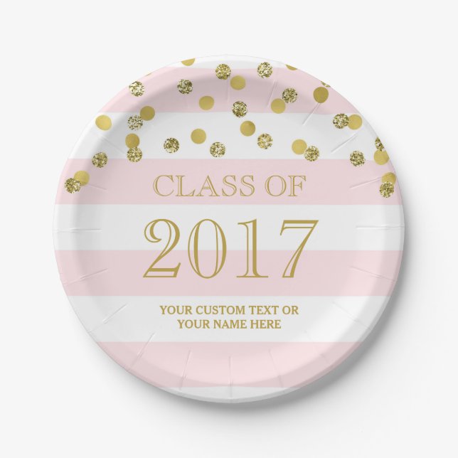 Pink Stripes Gold Confetti Graduation 2017 Paper Plates (Front)