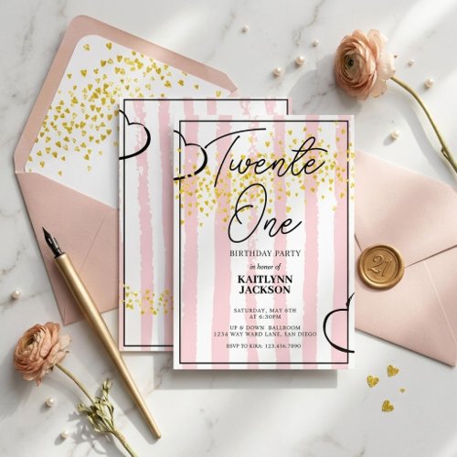 Pink Stripes Gold Confetti Hearts 21st Birthday Invitation