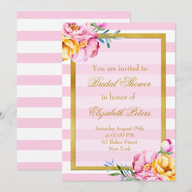 Pink Stripes Gold Frame Flower Bridal Shower Invitation (Front/Back)