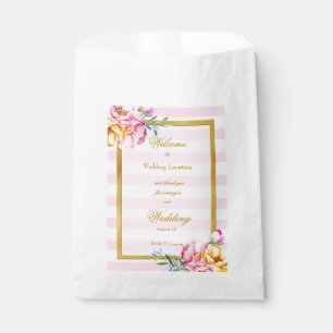 Pink Stripes Gold Frame Flower Wedding Favor Bag