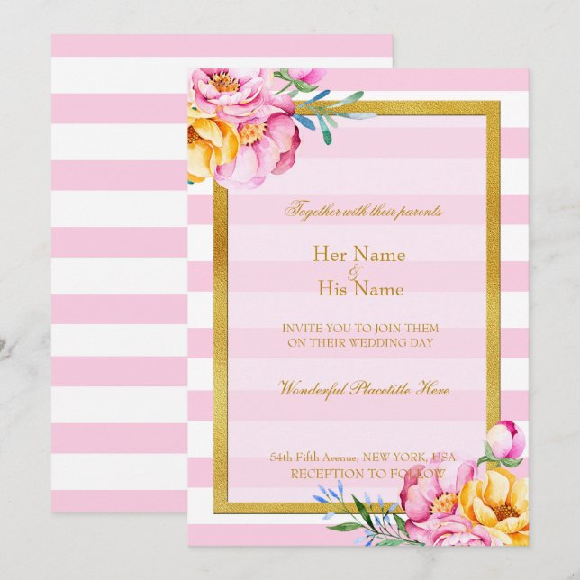 Pink Stripes Gold Frame Flower Wedding Invitation (Front/Back)