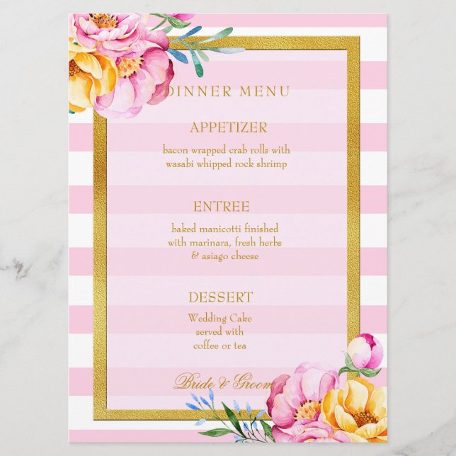Pink Stripes Gold Frame Flower Wedding Menu (Front)
