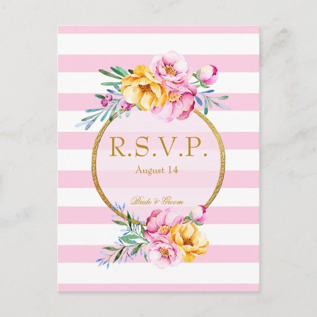 Pink Stripes Gold Frame Flower Wedding RSVP Invitation Postcard (Front)