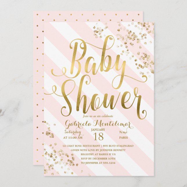 Pink Stripes Gold Glitter Confetti Baby Shower Invitation (Front/Back)