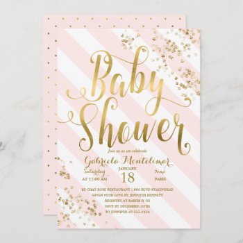 Pink Stripes Gold Glitter Confetti Baby Shower Invitation by Jujulili at Zazzle