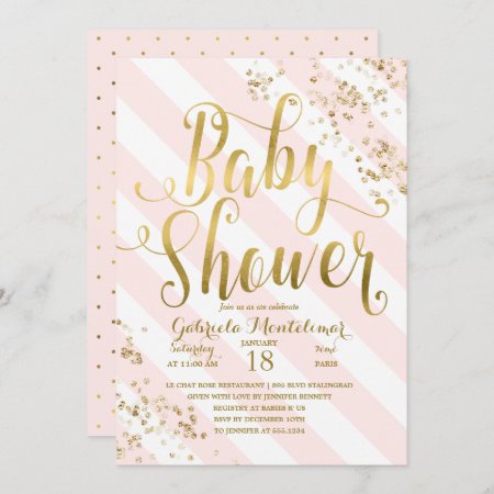 Pink Stripes Gold Glitter Confetti Baby Shower Invitation