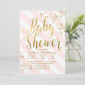 Pink Stripes Gold Glitter Confetti Baby Shower Invitation (Standing Front)