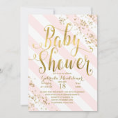 Pink Stripes Gold Glitter Confetti Baby Shower Invitation (Front)