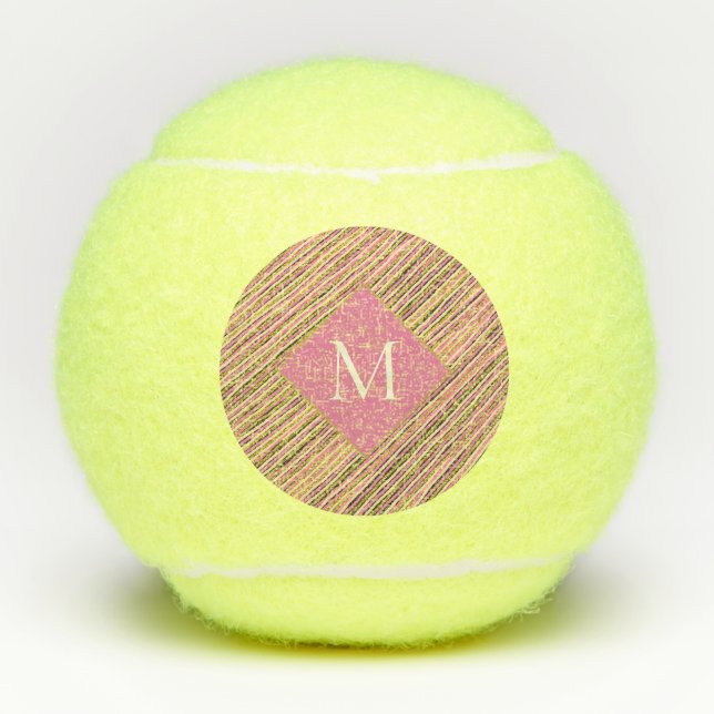Pink Stripes Gold Glitter Monogram Tennis Balls (Front)
